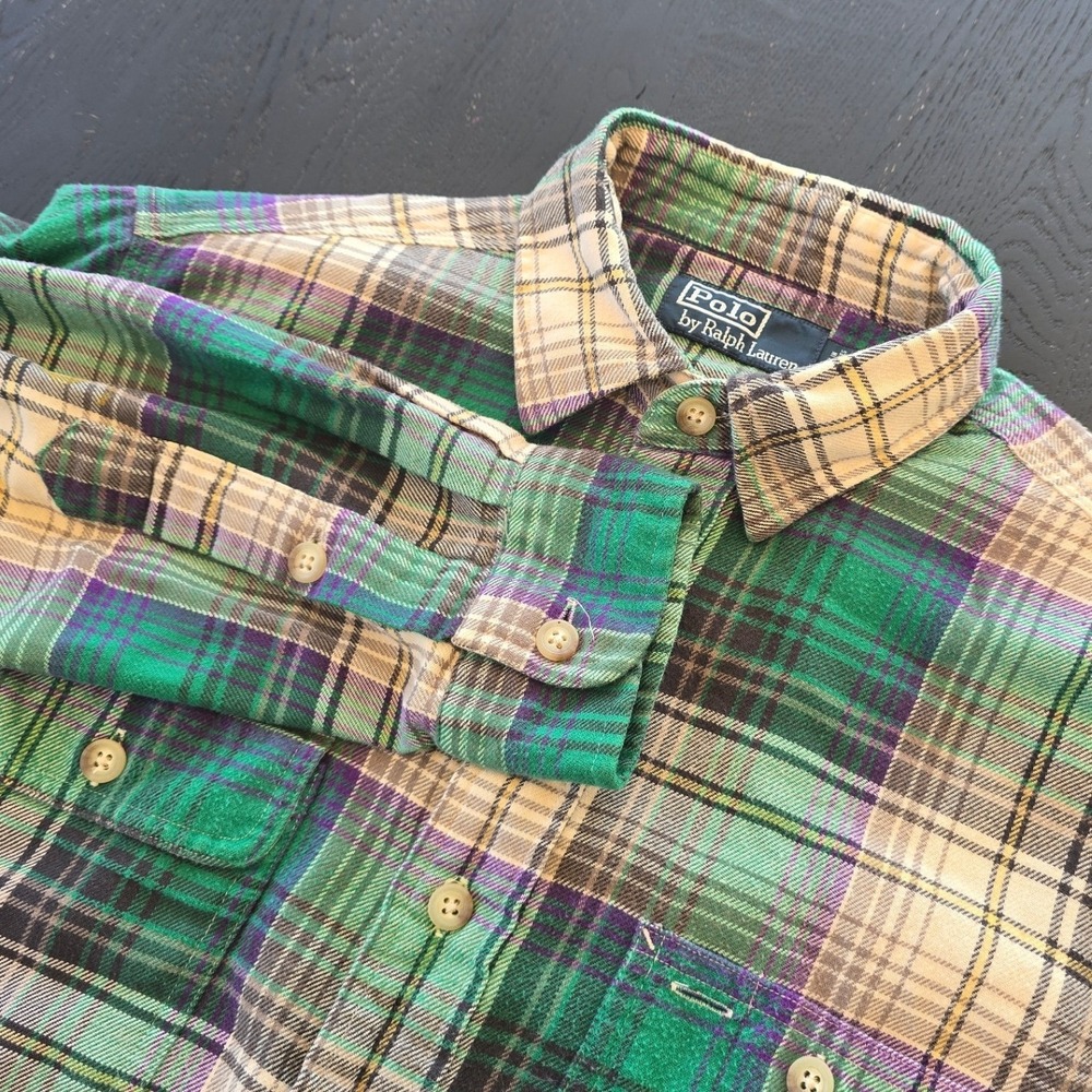 Polo Ralph Lauren Mens Small Green Purple Plaid Flannel Button Down Shirt S